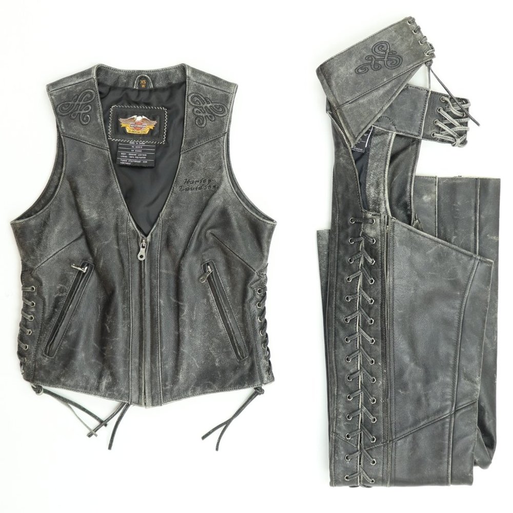 Harley Davidson Women XS Small Leather Chaps Vest Set Black 2003 Ties Pants